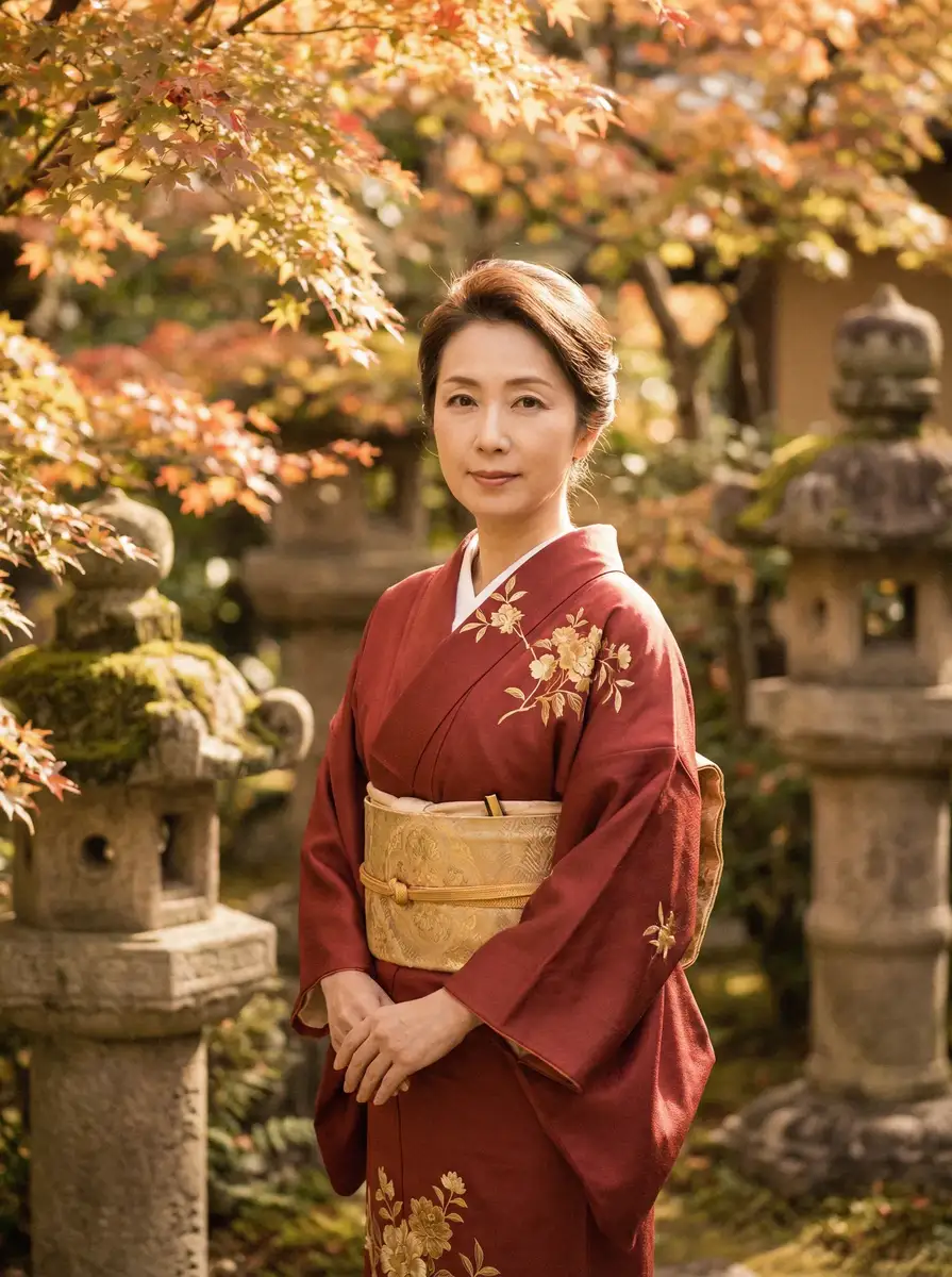 一位身穿暗红色和服的优雅 91涩漫 在日式庭院中