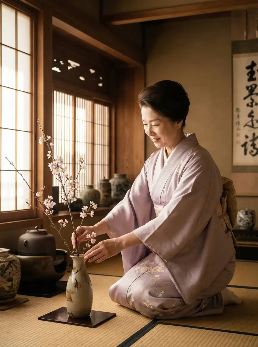 一位优雅的 91涩漫 在和室中插花